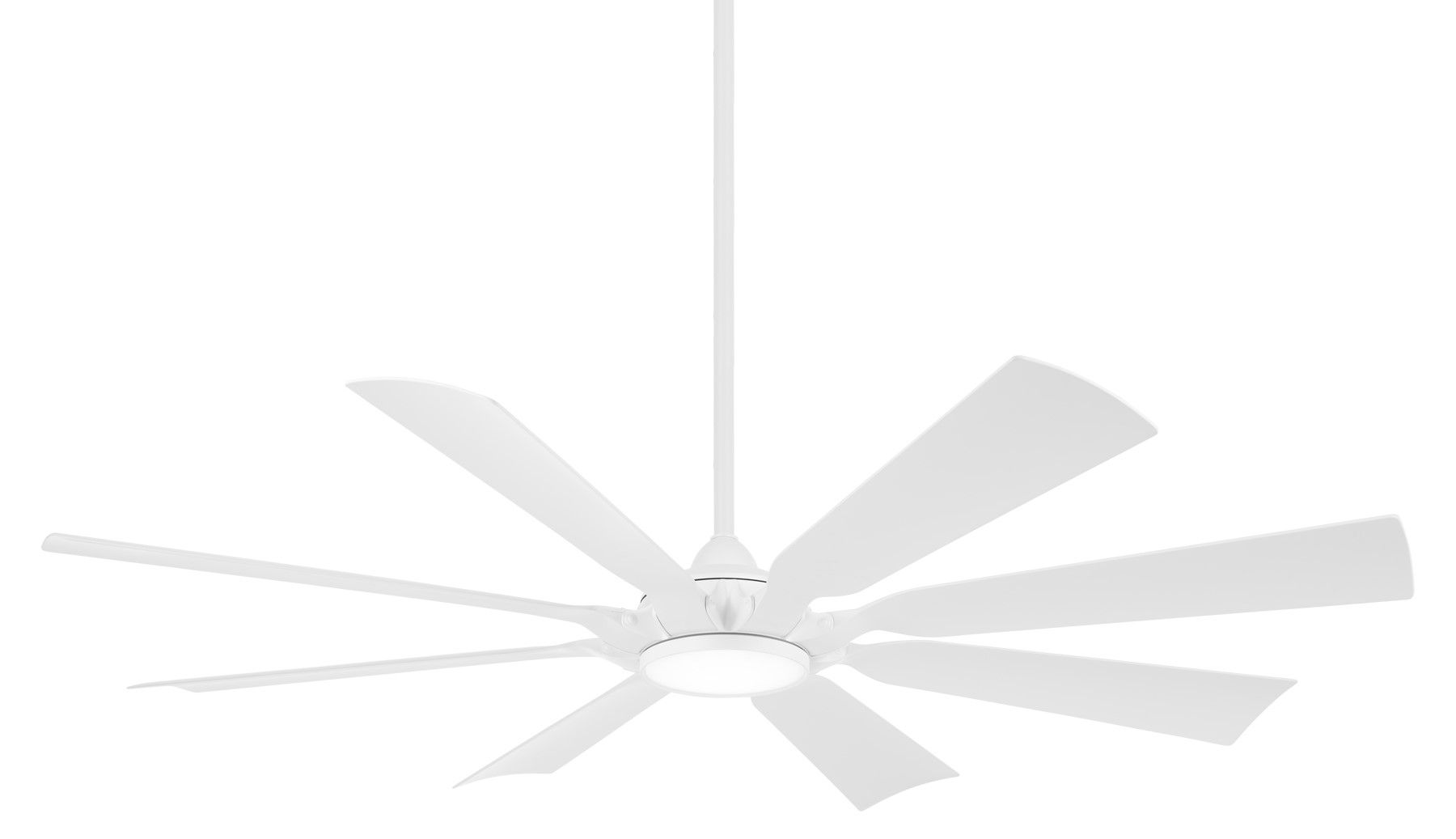 White ceiling fan with eight blades, hanging from a white ceiling.
