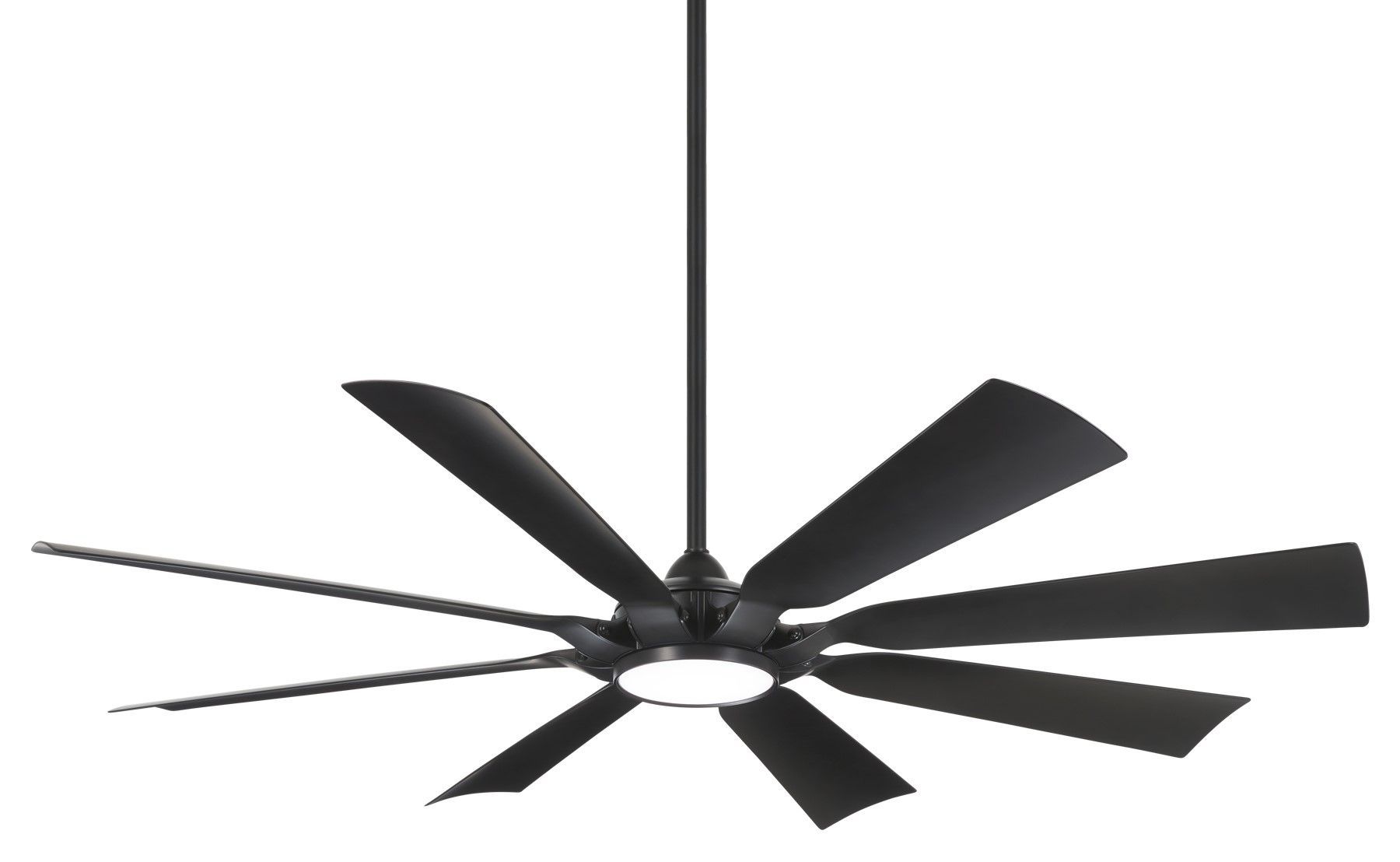 Black ceiling fan with eight blades and central light.
