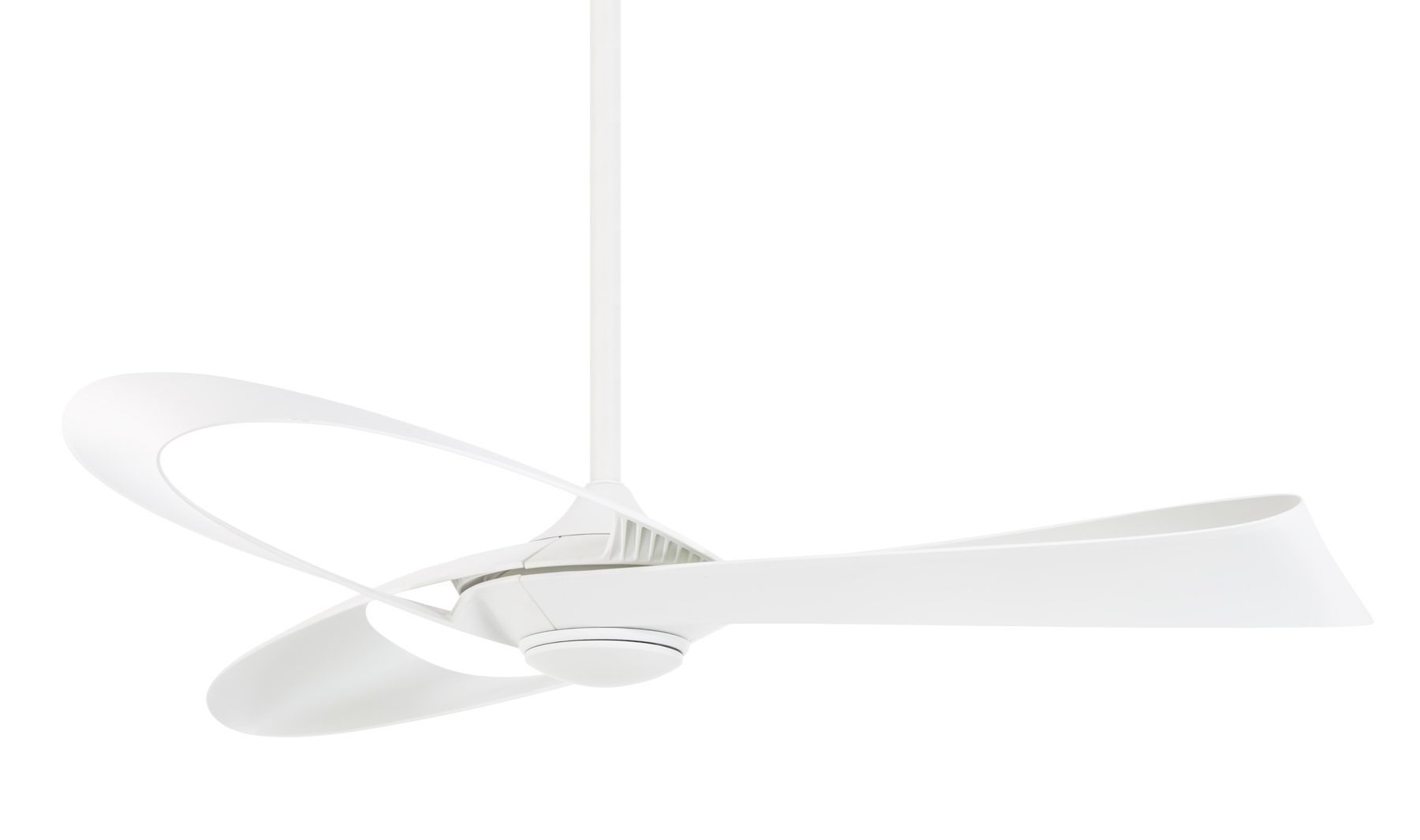 White, modern ceiling fan with three curved blades, hanging against a white background.