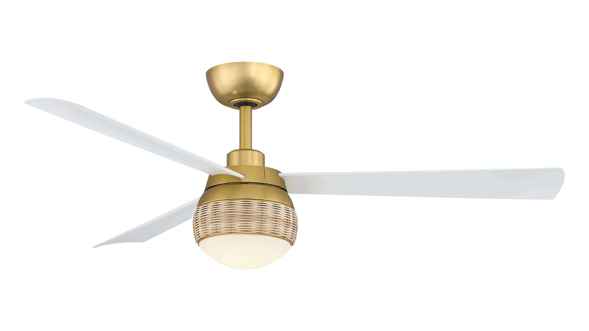 Gold and woven ceiling fan with white blades and a frosted light.