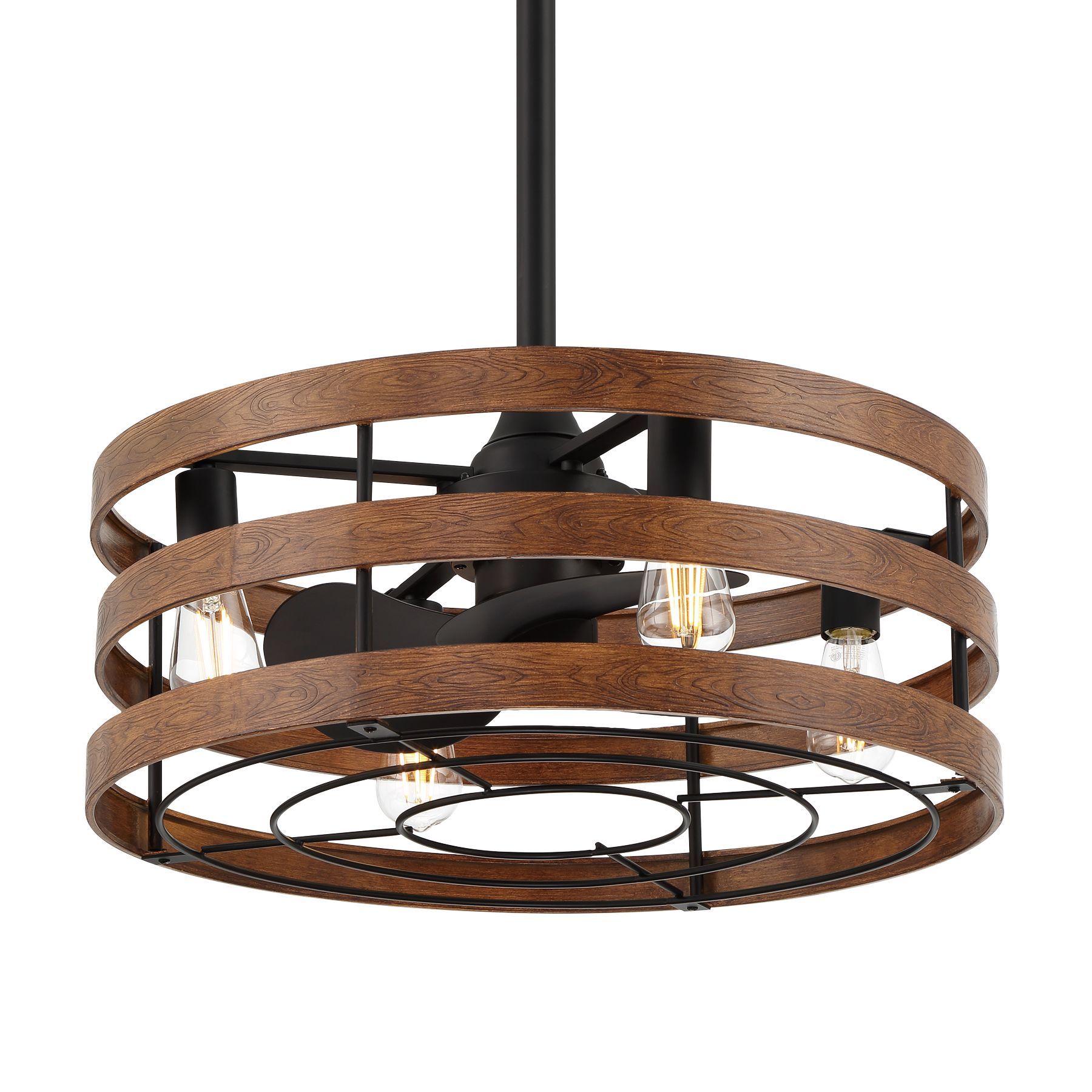 Brown and black drum pendant light with fan blades and Edison bulbs.