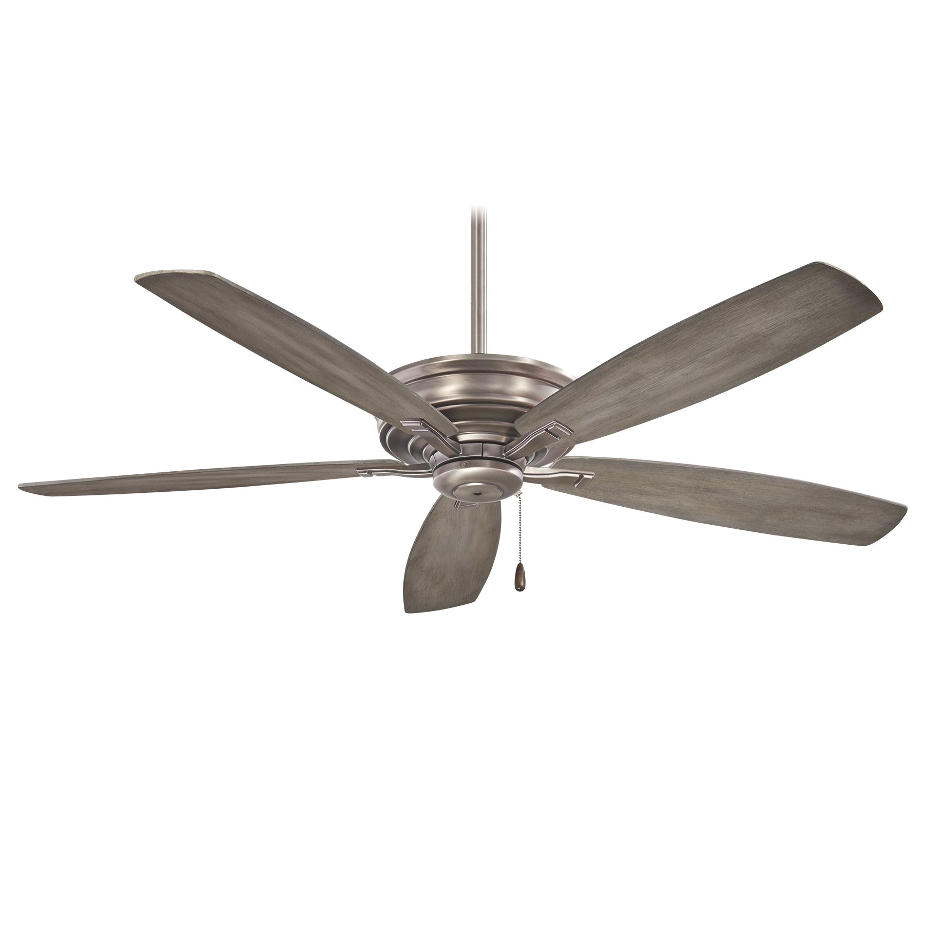 Five-blade ceiling fan with gray wooden blades and a brushed metal finish.