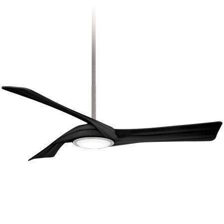 Black ceiling fan with three curved blades, a silver downrod, and a central LED light fixture.