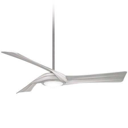Silver ceiling fan with three curved blades, and a central light fixture.