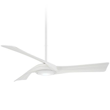 White modern ceiling fan with three curved blades and integrated light.