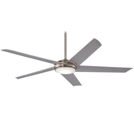 Silver ceiling fan with gray blades and a central light.
