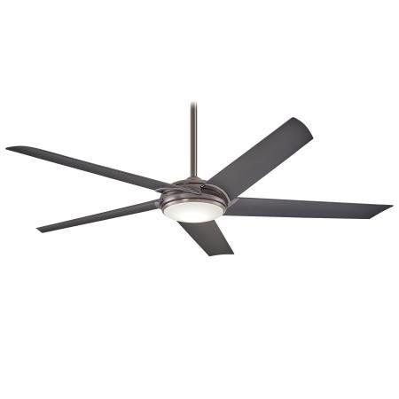 Dark gray ceiling fan with five blades and a central light fixture.