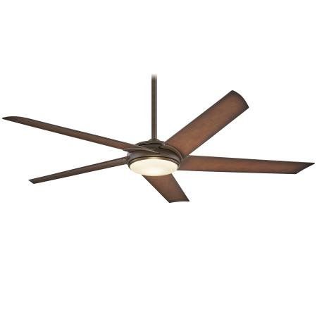 Bronze ceiling fan with five wooden blades and an integrated light.