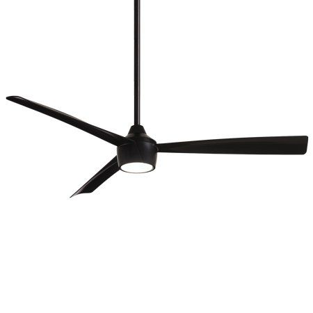 Black ceiling fan with three blades and integrated light.