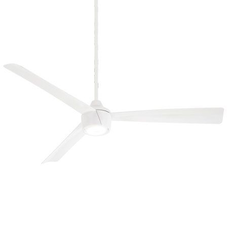 White ceiling fan with three blades, mounted on a white ceiling.