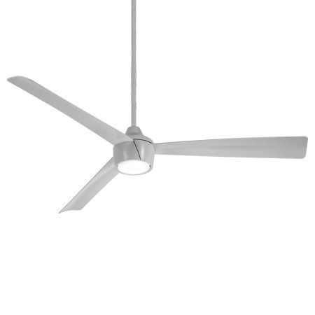 Silver ceiling fan with three blades and a light fixture.
