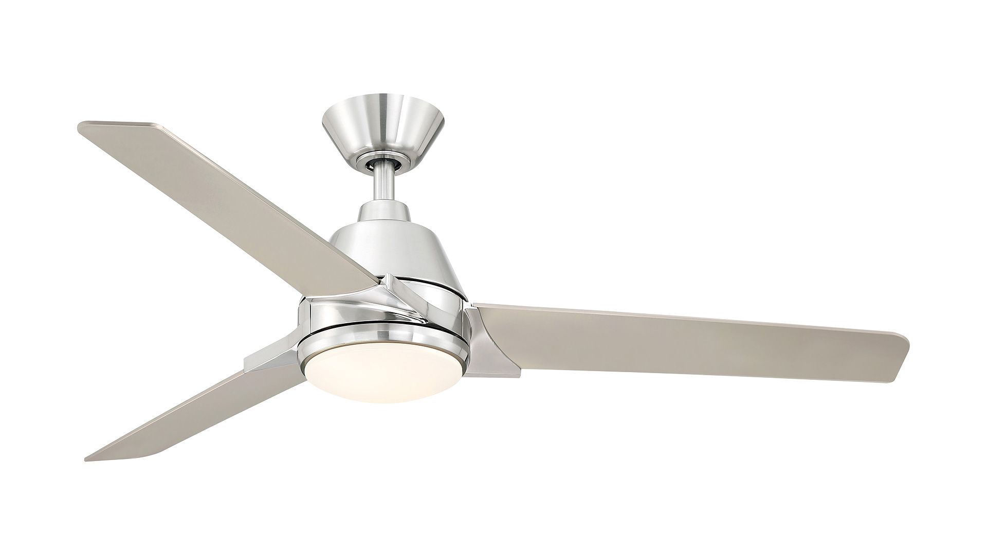 Silver ceiling fan with three blades and a built-in light.