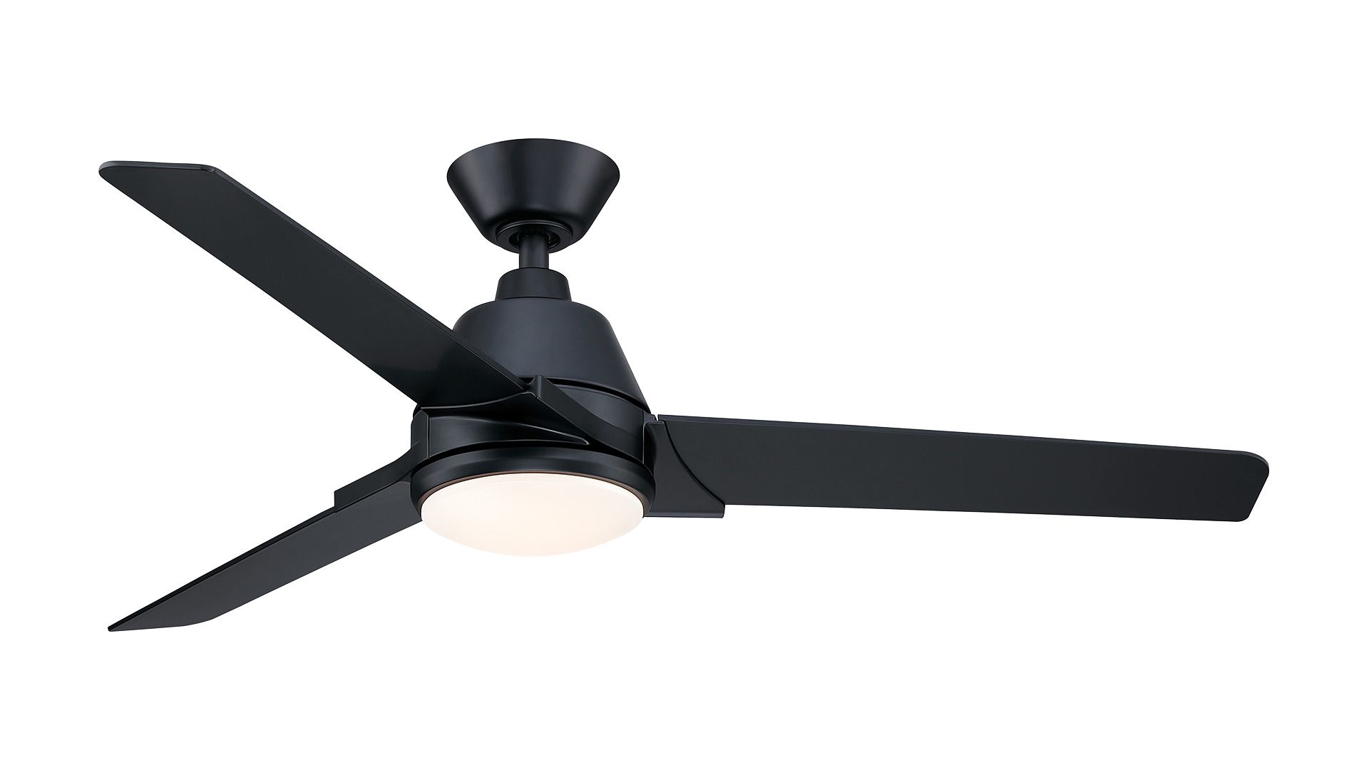 Black ceiling fan with three blades and integrated light.