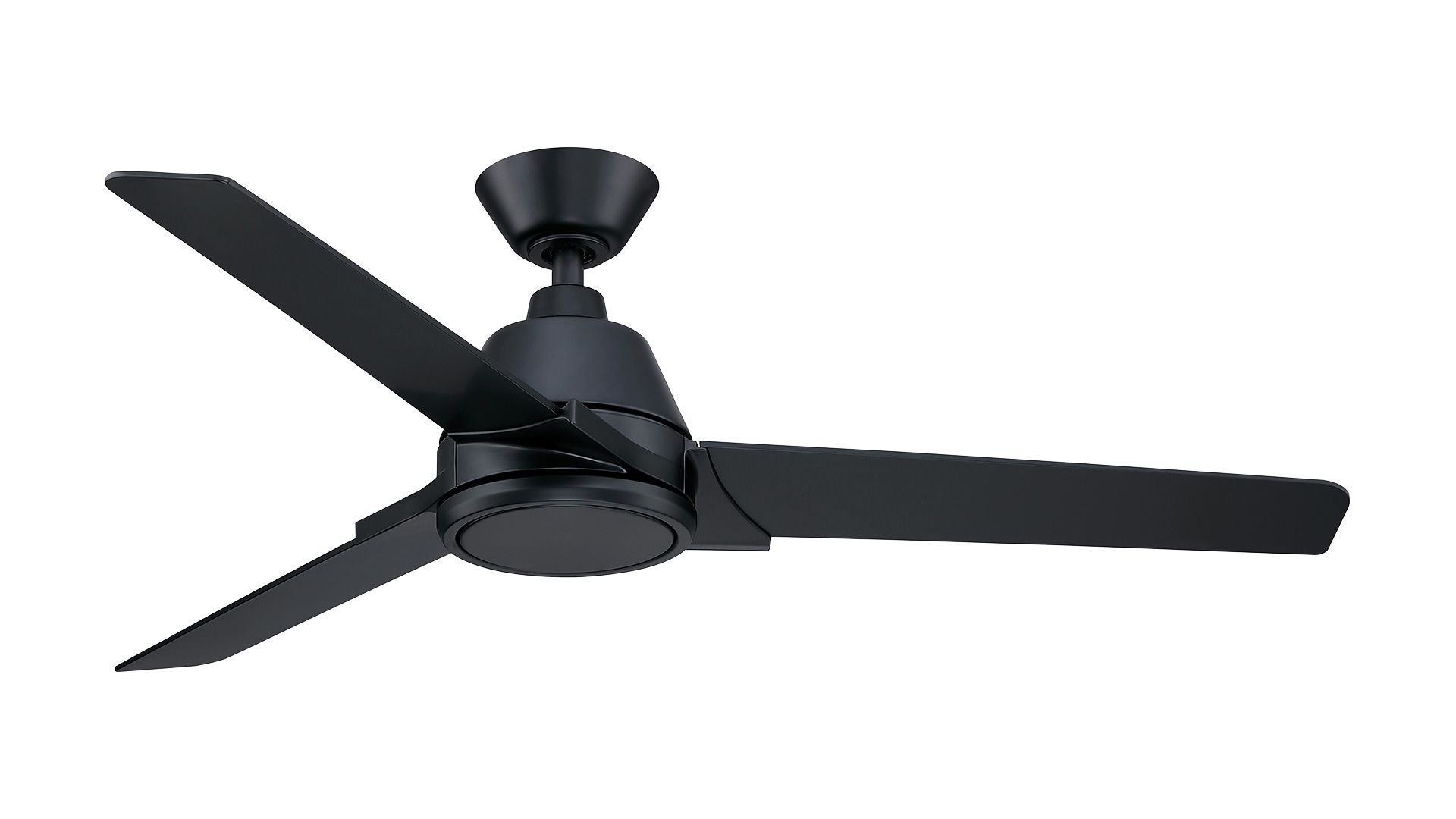 Black, three-blade ceiling fan with a minimalist design, viewed at a slight angle against a white background.
