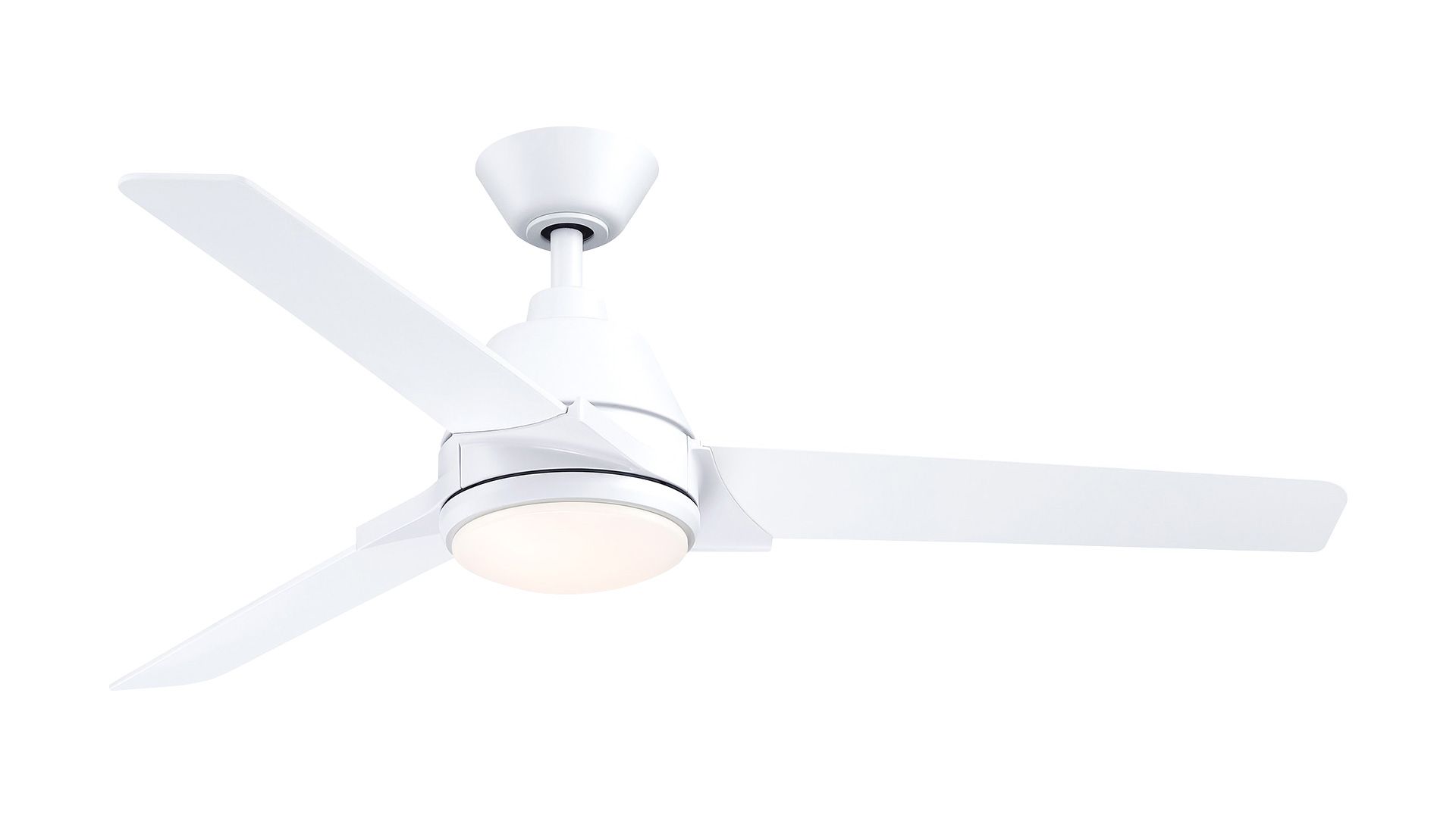 White ceiling fan with three blades and a light fixture, against a white background.