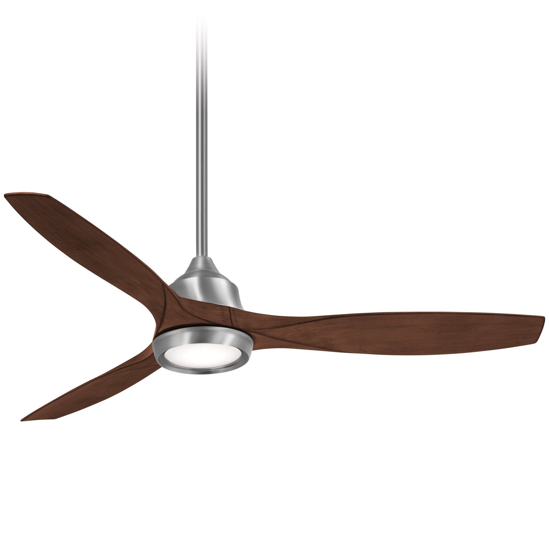 Ceiling fan with three curved brown blades, brushed nickel finish, and a downlight.