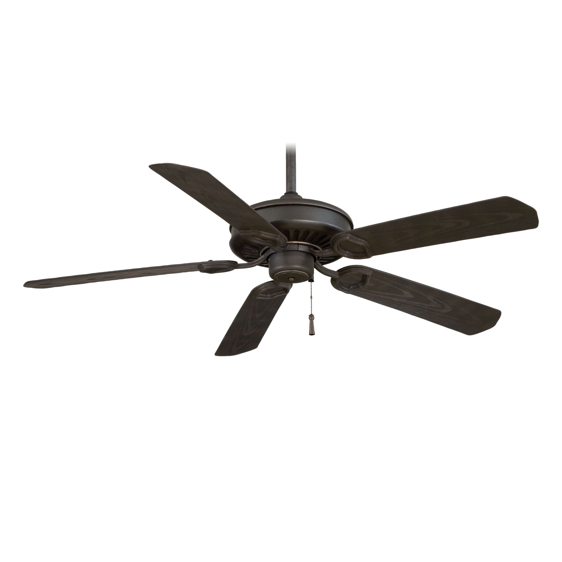 Dark brown ceiling fan with five blades, hanging from a ceiling.