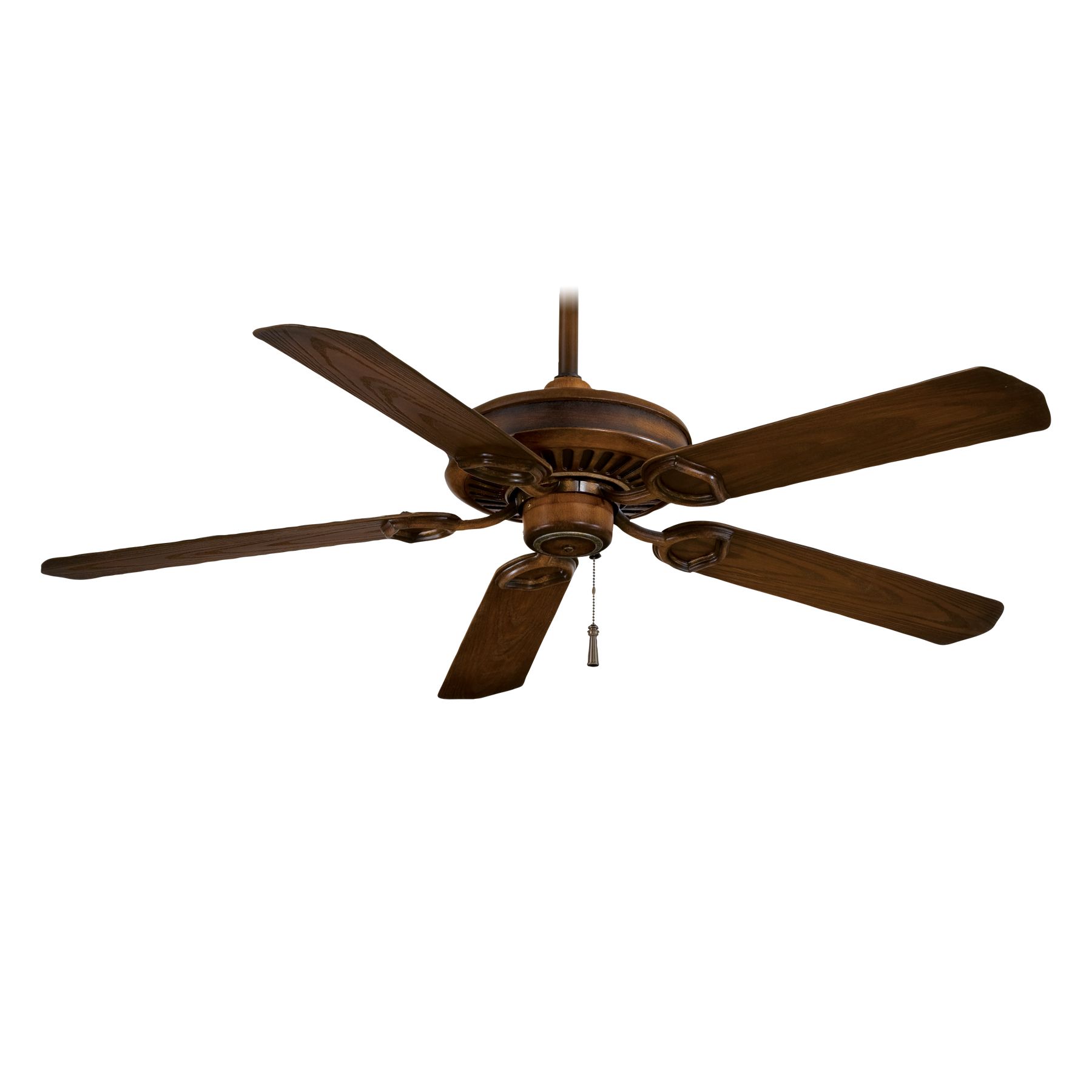 Dark wooden ceiling fan with five blades, hanging from the ceiling.