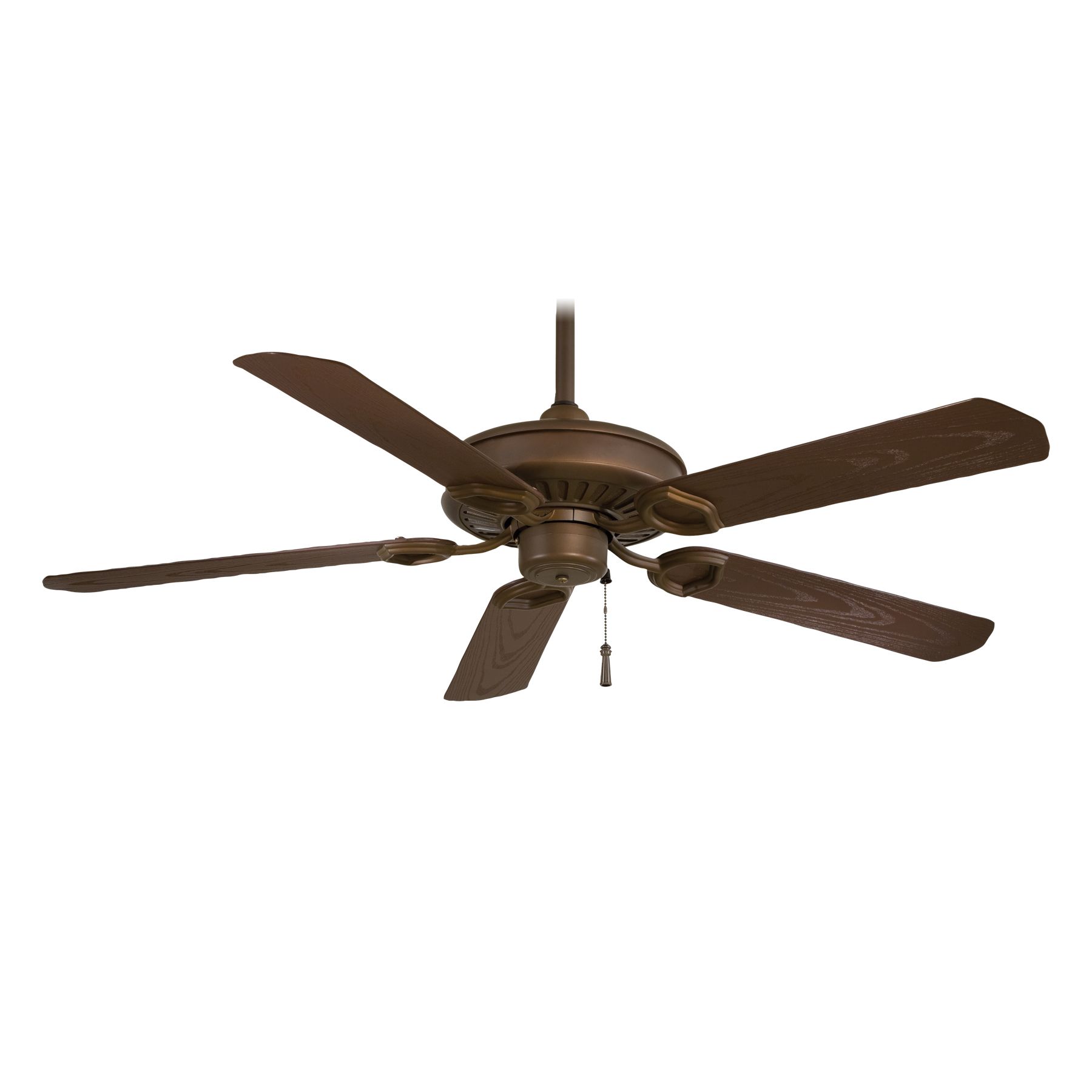 Bronze ceiling fan with five blades, hanging from the ceiling.