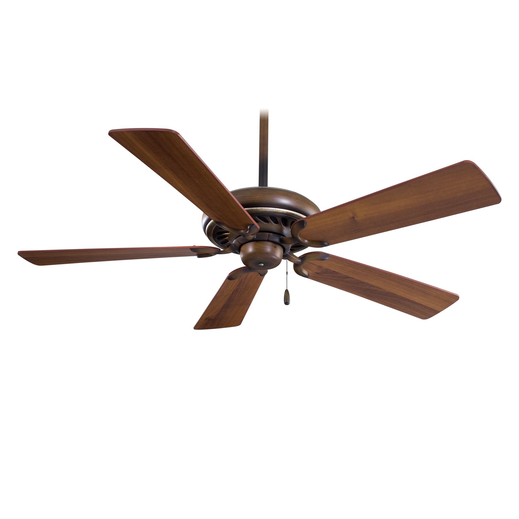 Brown ceiling fan with wooden blades.