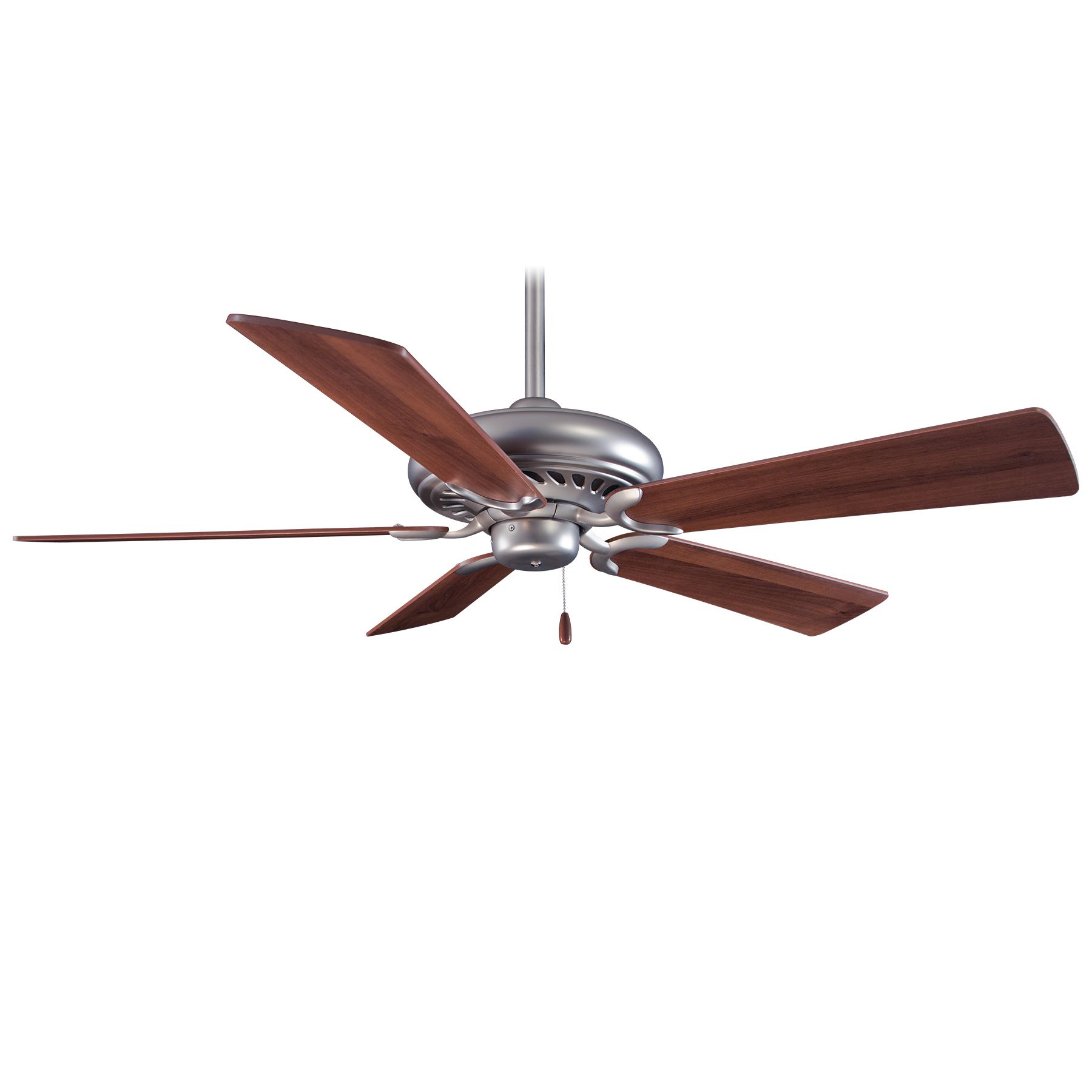 Ceiling fan with dark wood blades and a brushed nickel finish.
