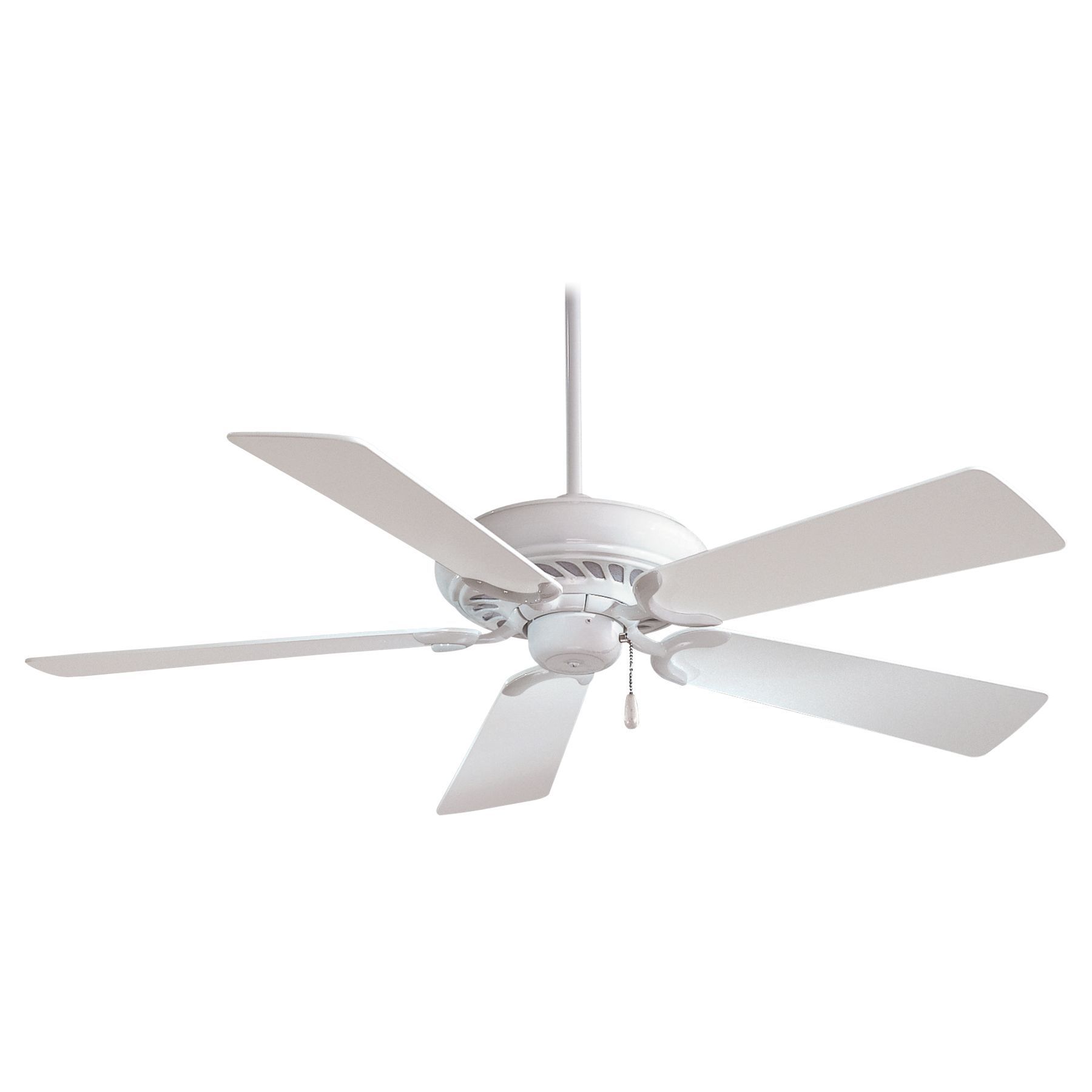 White ceiling fan with five blades, hanging from a white ceiling.