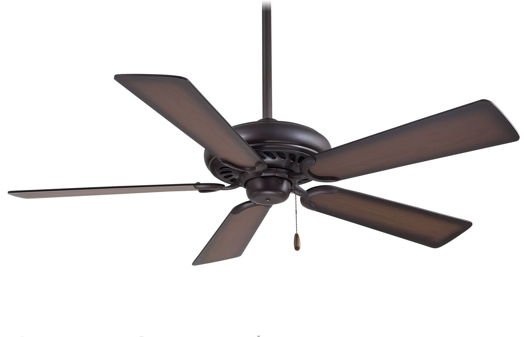 Bronze-colored ceiling fan with five blades, hanging from a ceiling.