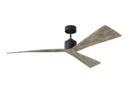 Black ceiling fan with two gray, angled blades.