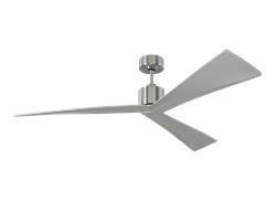 Silver ceiling fan with two angled blades on white background.