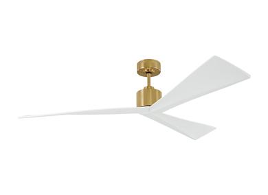 Gold ceiling fan with white blades spinning against a white background.