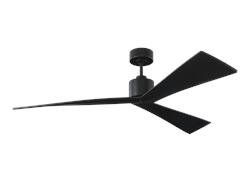 Black ceiling fan with three blades, mounted on a white background.