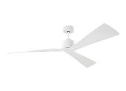 White ceiling fan with three blades against a white background.