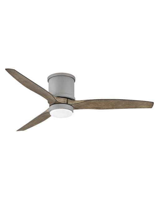 A low-profile ceiling fan with three wooden blades and a gray motor housing.
