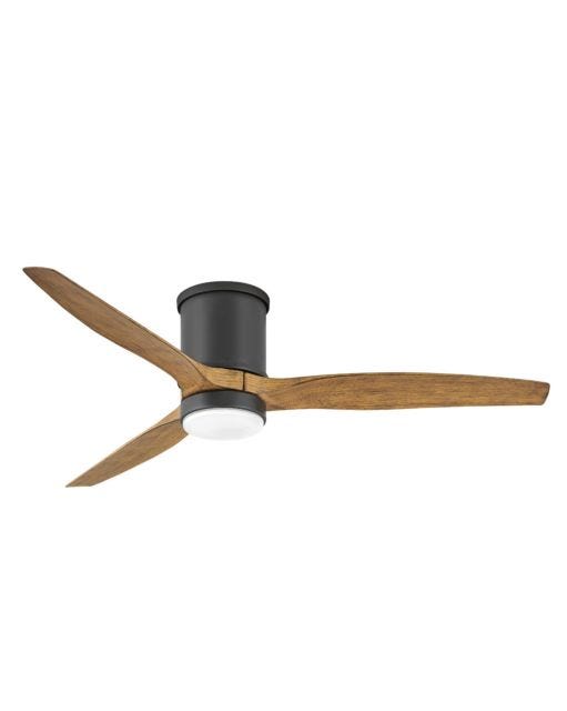 Low-profile ceiling fan with three wooden blades, dark motor housing, and a white light.