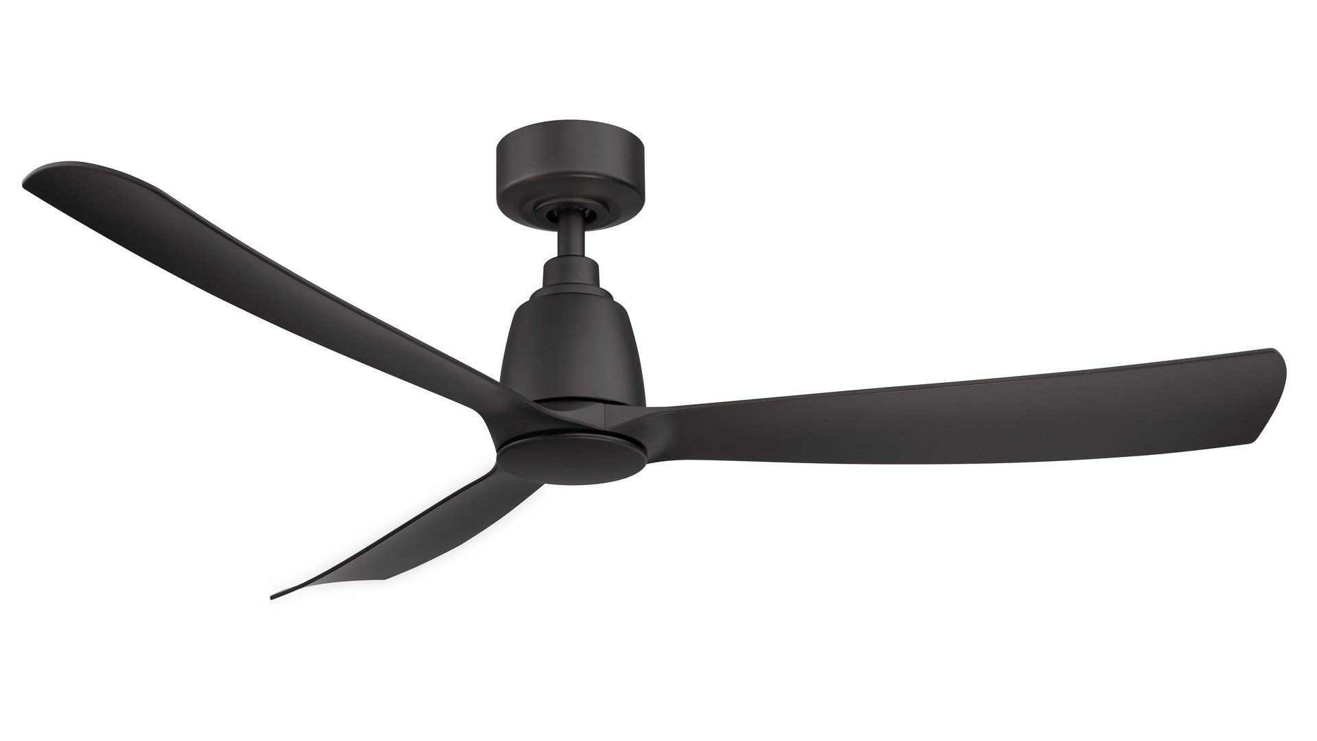 Black three-blade ceiling fan against a white background.