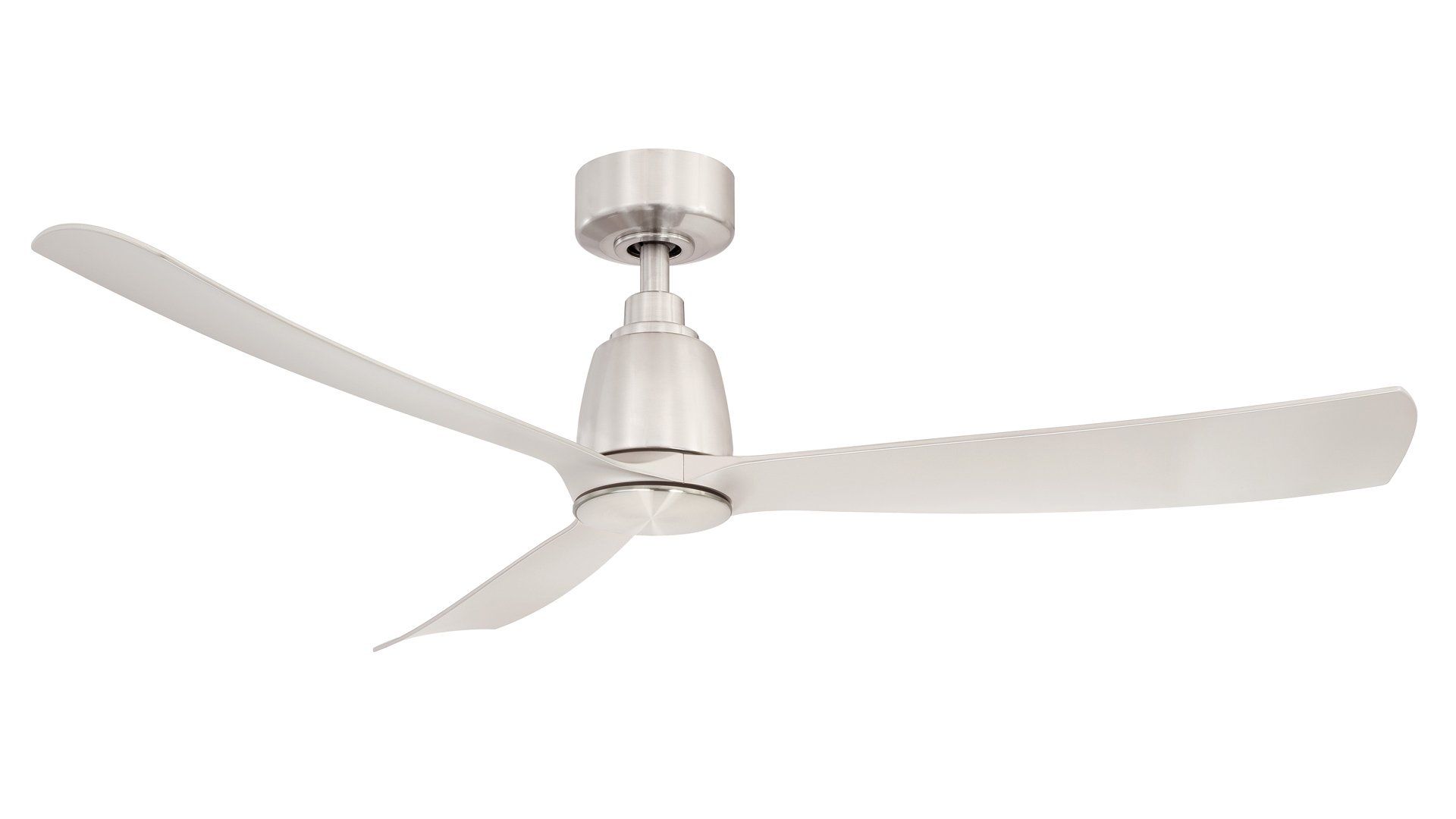 Silver ceiling fan with three blades against a white background.