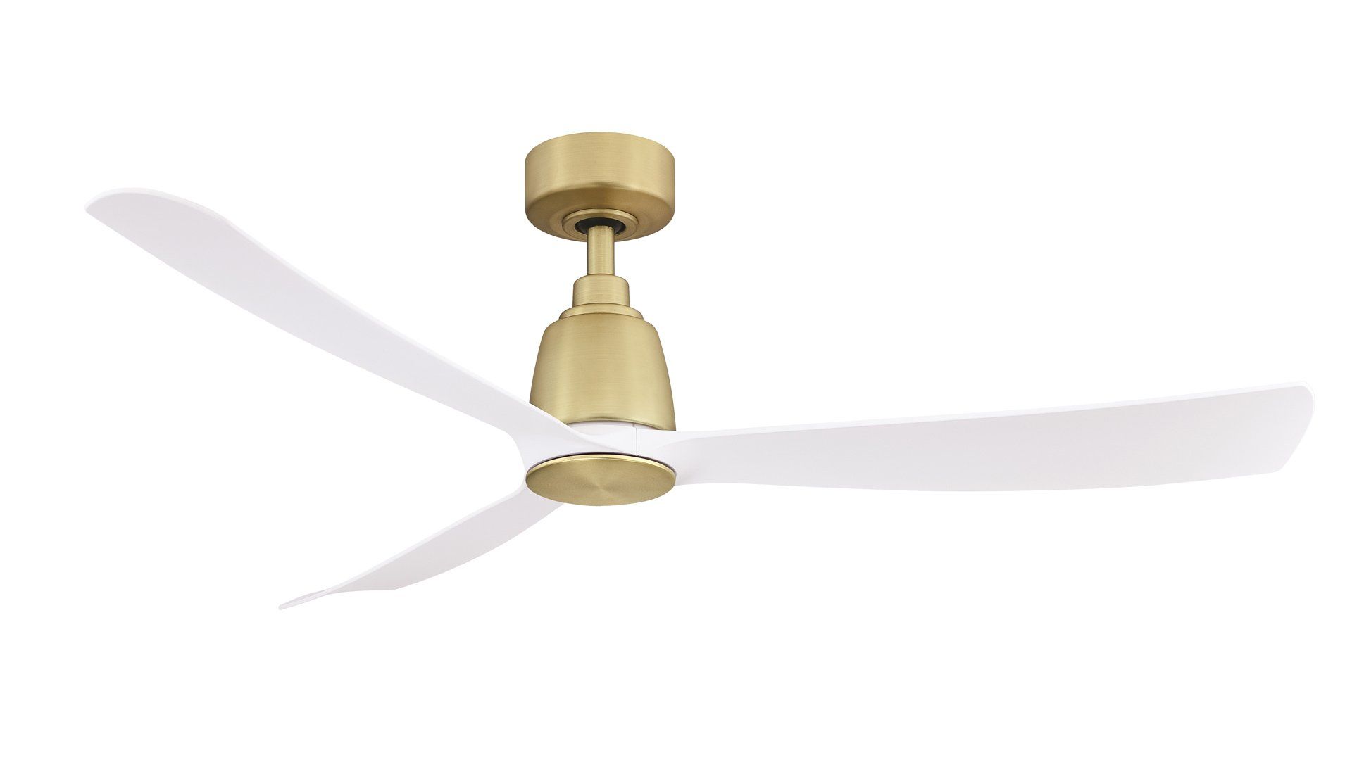 Gold ceiling fan with three white blades against a white background.