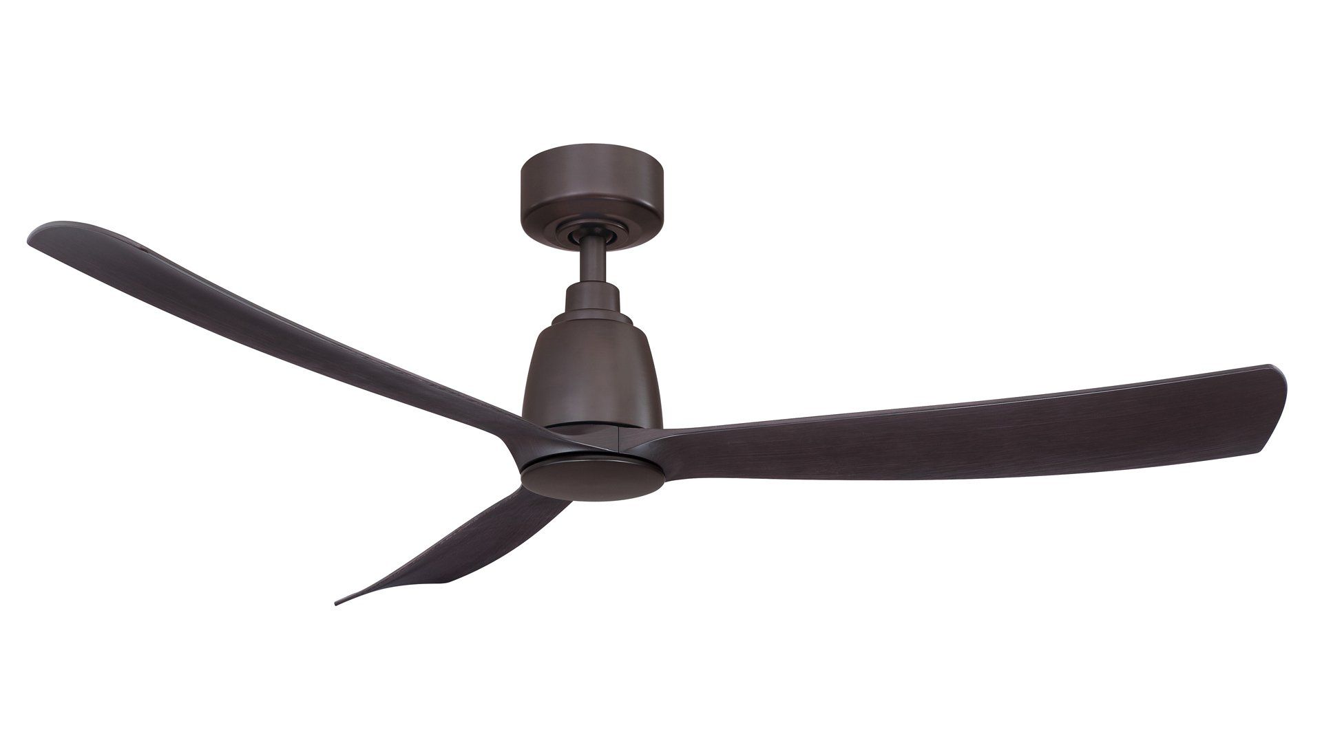 Dark brown three-blade ceiling fan against a white background.