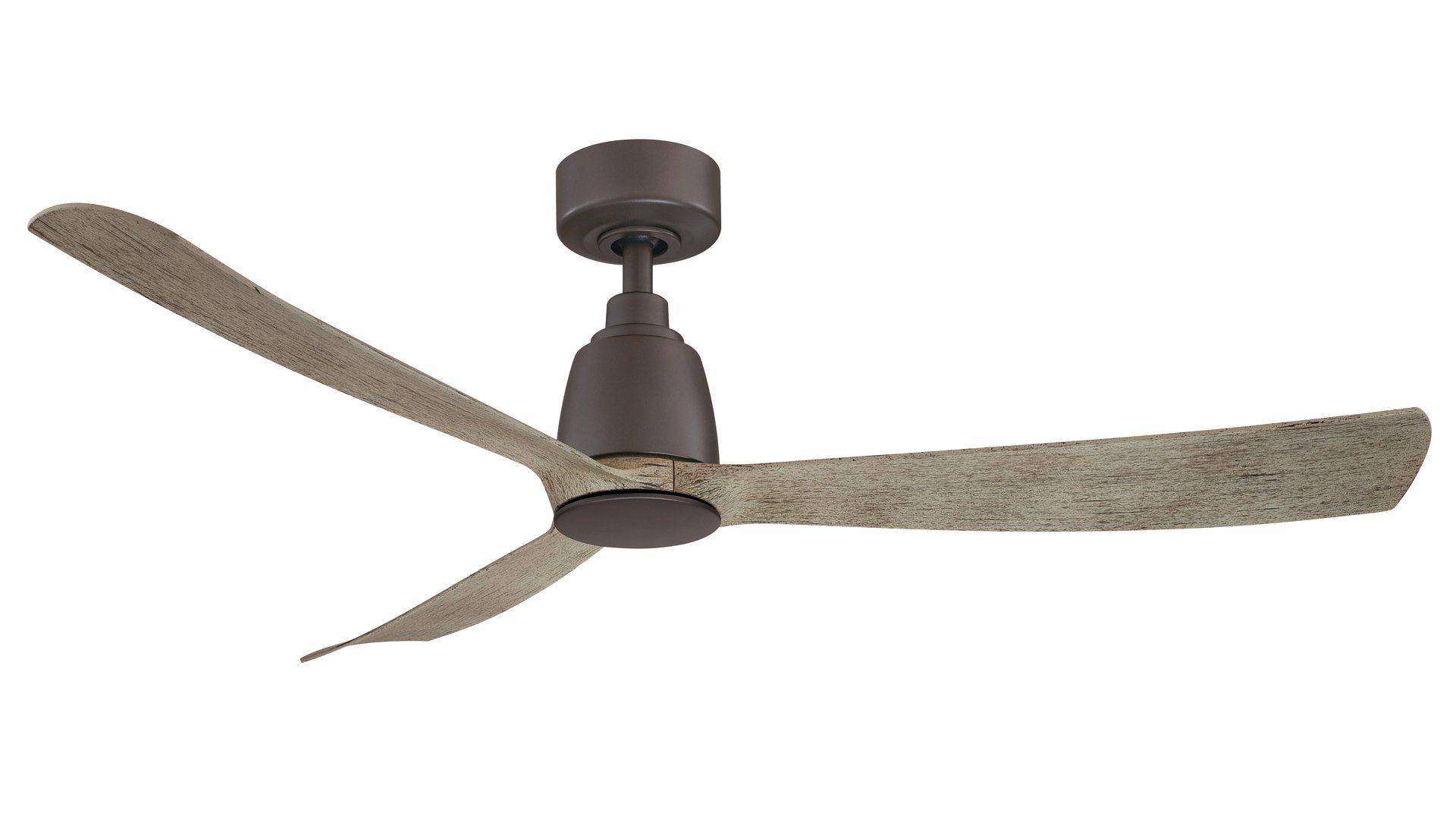 Three-blade ceiling fan with weathered brown finish.