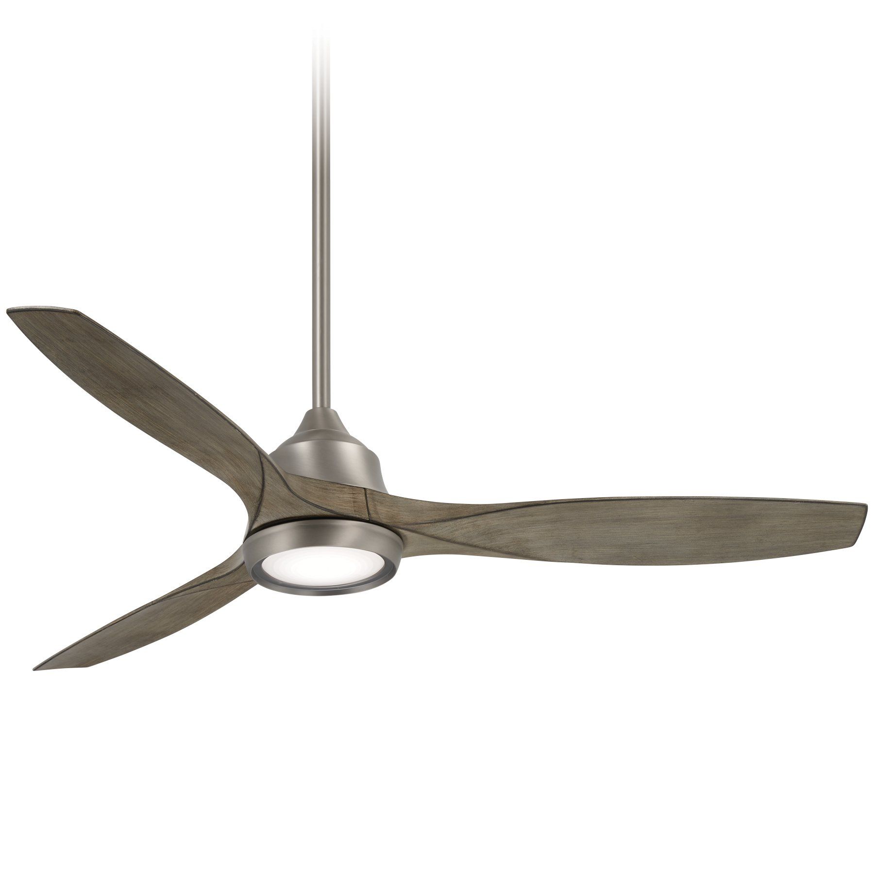Modern ceiling fan with three gray blades, a brushed nickel finish, and integrated LED light.