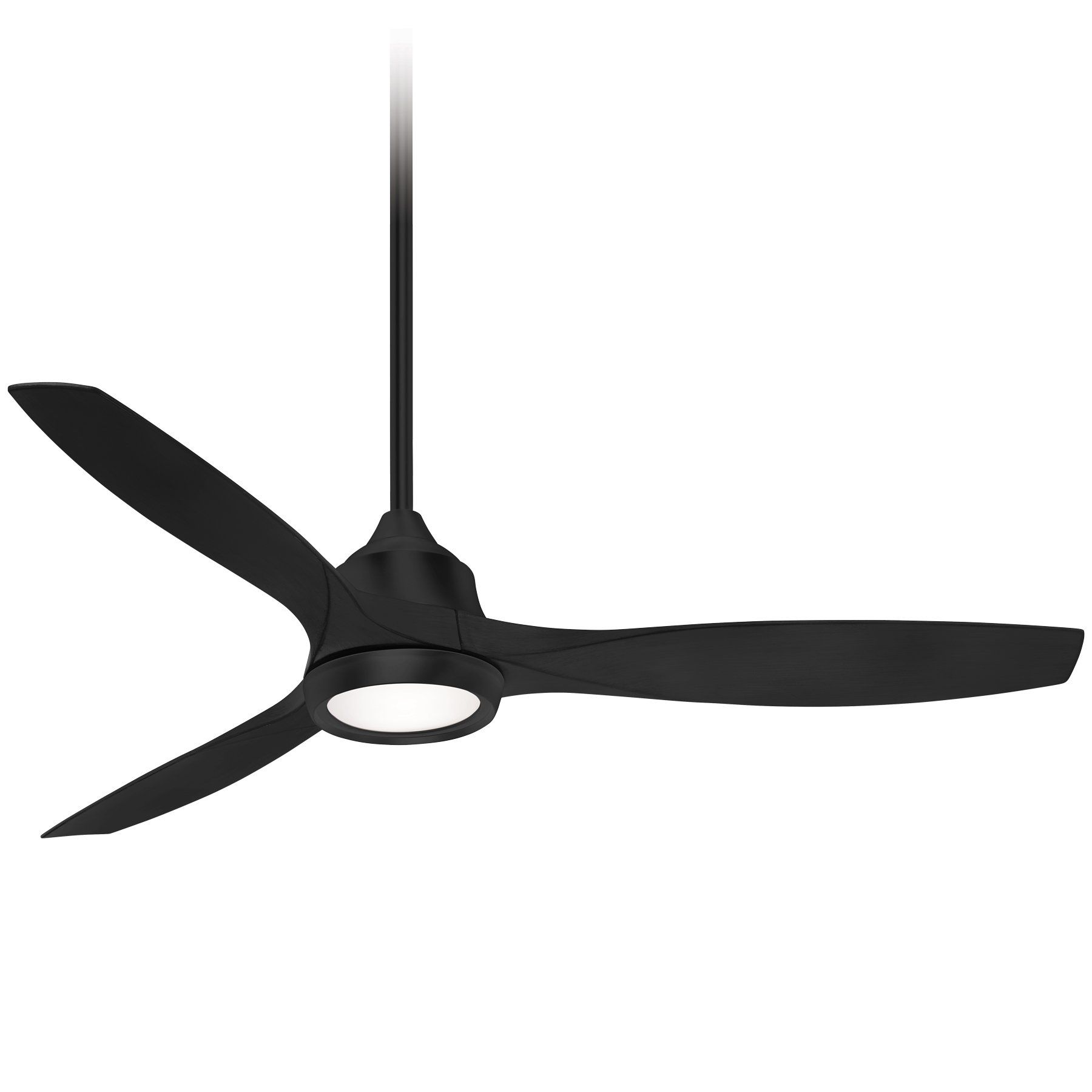 Black ceiling fan with three curved blades and an integrated light.