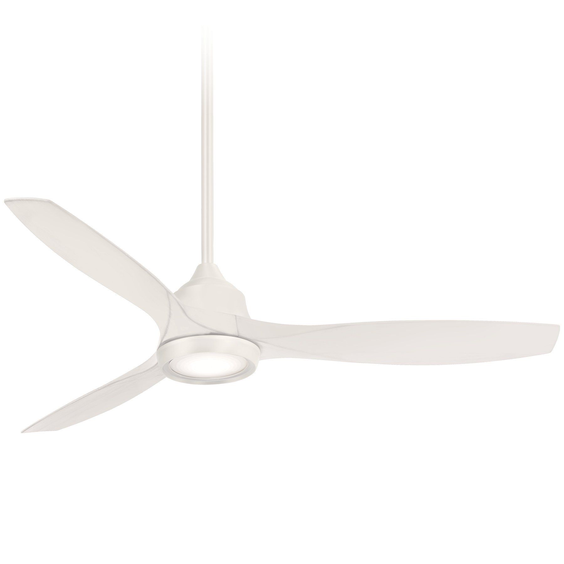 White ceiling fan with three curved blades and built-in light fixture.