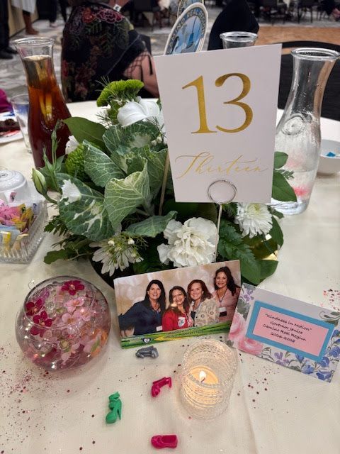 A table centerpiece featuring a number 13 sign, a floral arrangement, a photograph of four people, and a lit candle.