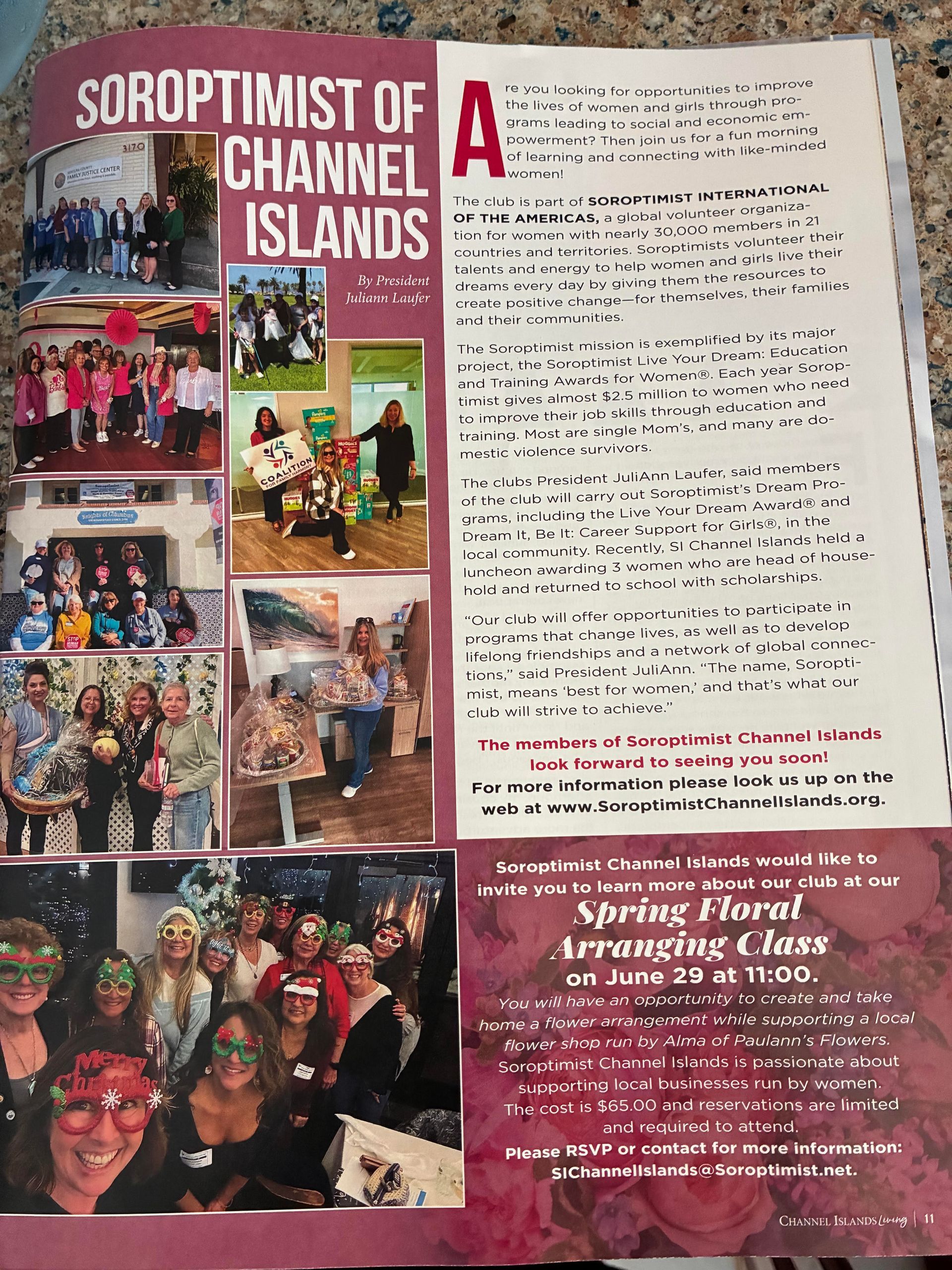 A collage showing Soroptimist of Channel Islands members at various community events, meetings, and a floral arranging class.