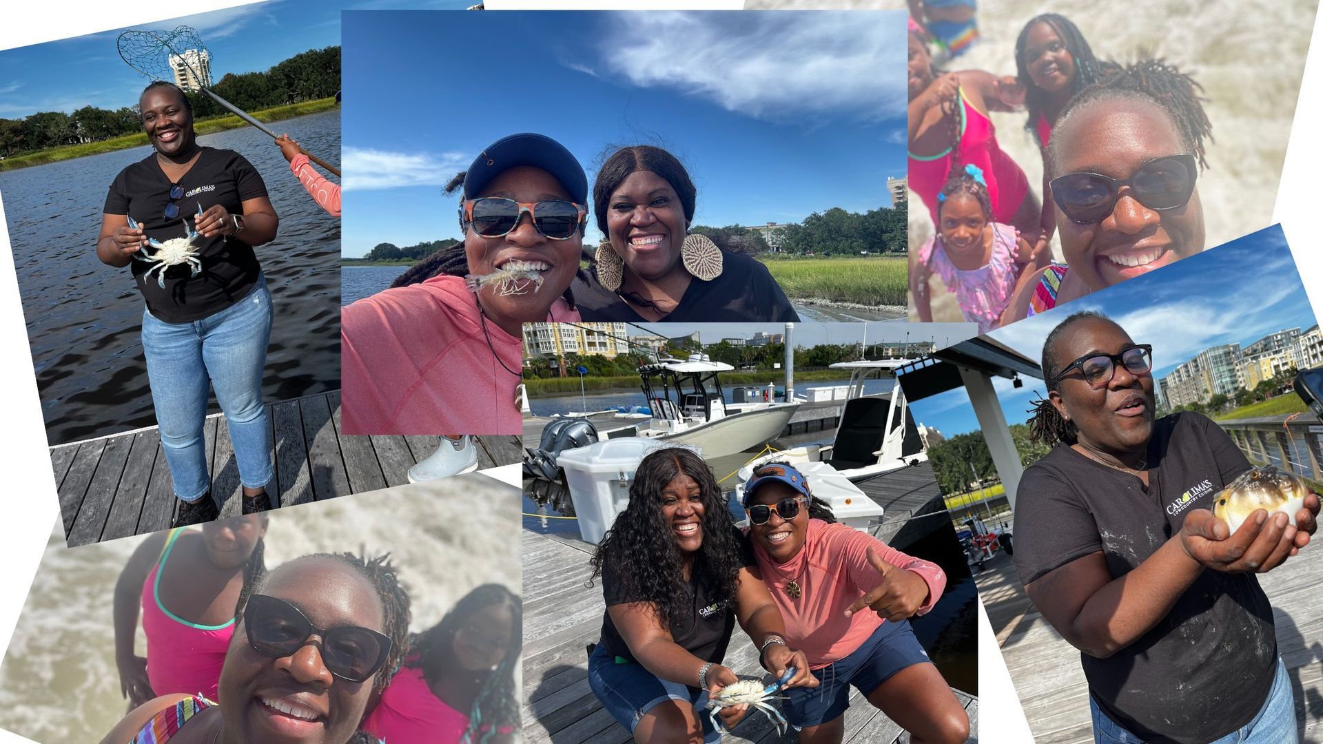 Collage of friends smiling outdoors near water, with boats and a sunny coastal backdrop