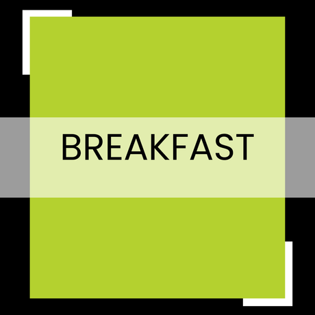 Green square sign with a beige band reading “BREAKFAST” in black text.