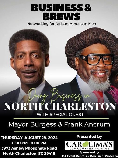 Business & Brews event poster for North Charleston with two speaker portraits and sponsor details