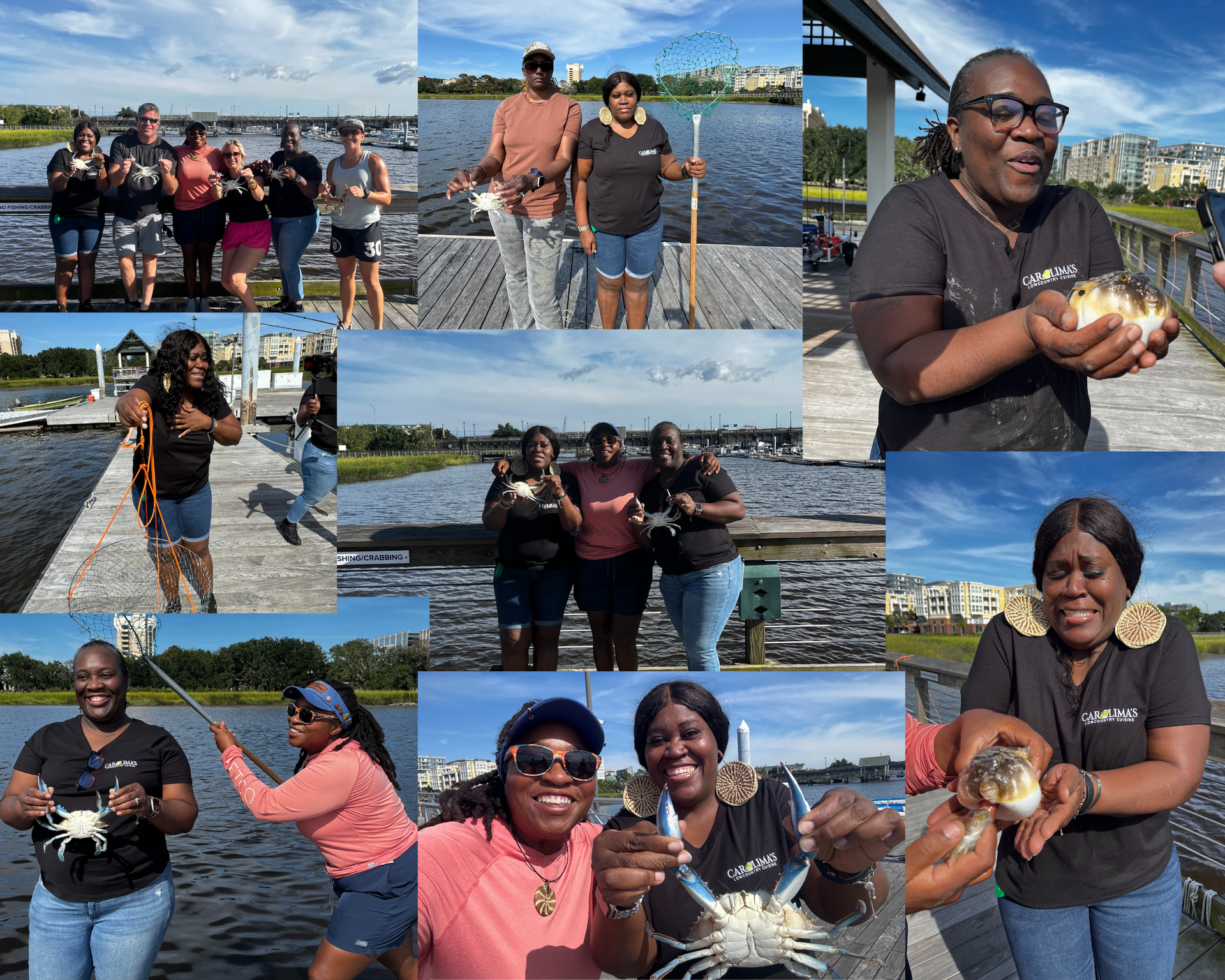 Collage of people holding large shellfish on a waterfront, posing and smiling under a bright sky