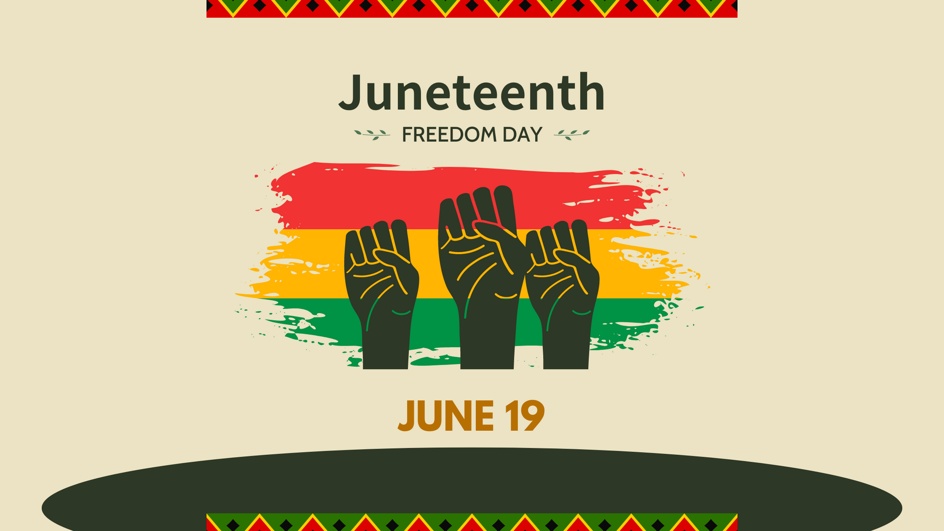 Juneteenth Freedom Day poster with raised fists over red, yellow, and green brushstrokes and “JUNE 19” text