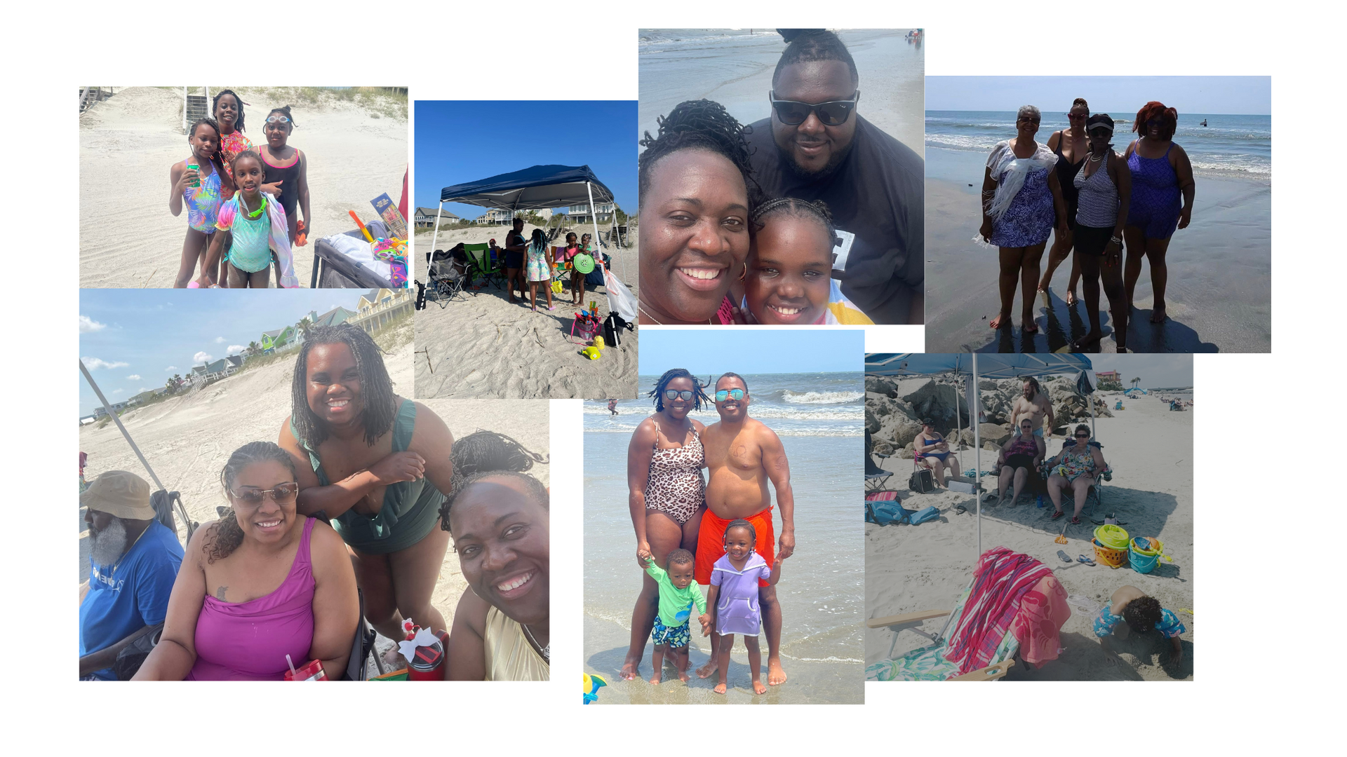 Family beach collage with smiling people, sandy shore, and ocean views